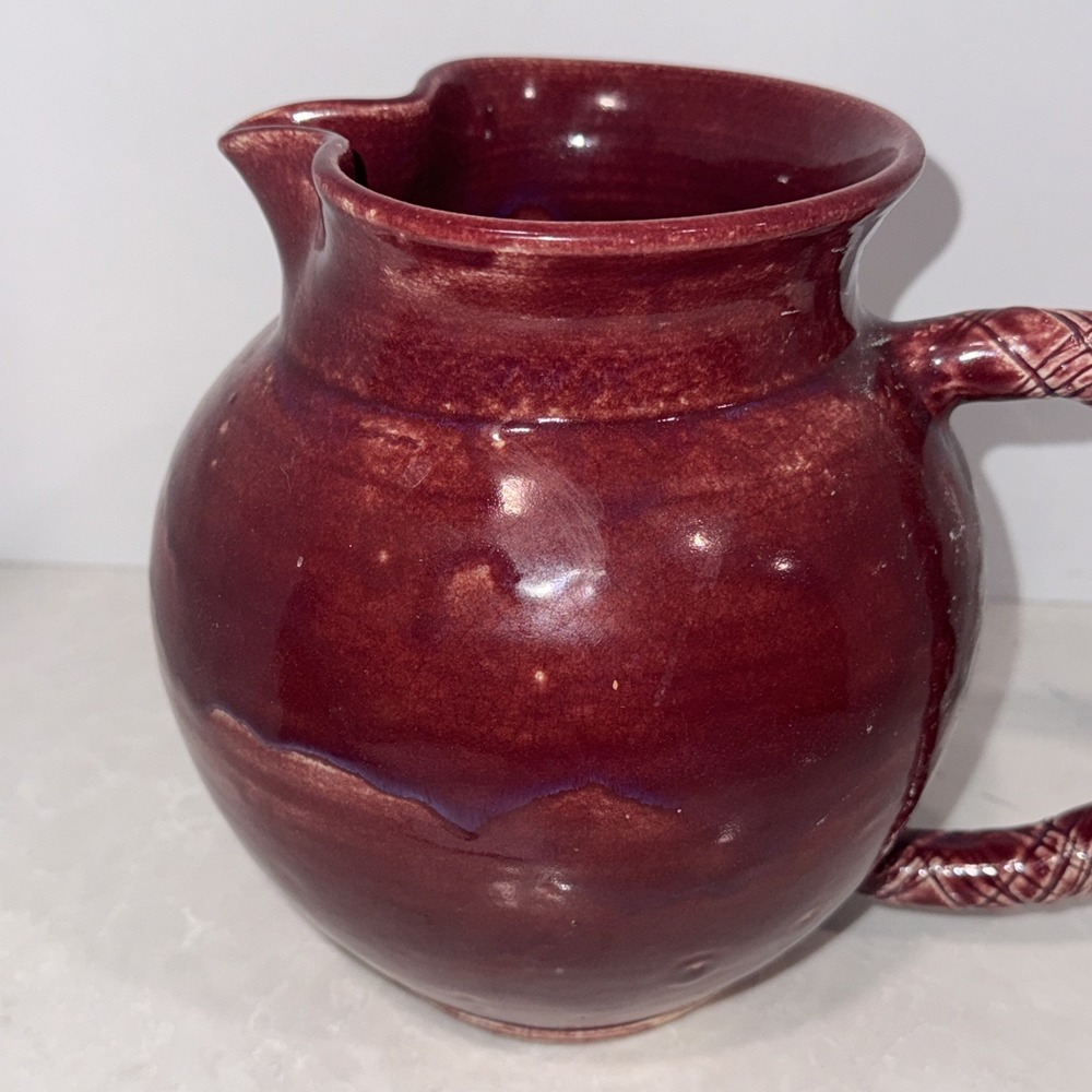 Red Ceramic Pitcher With Thatched Handed - Picture 2 of 12